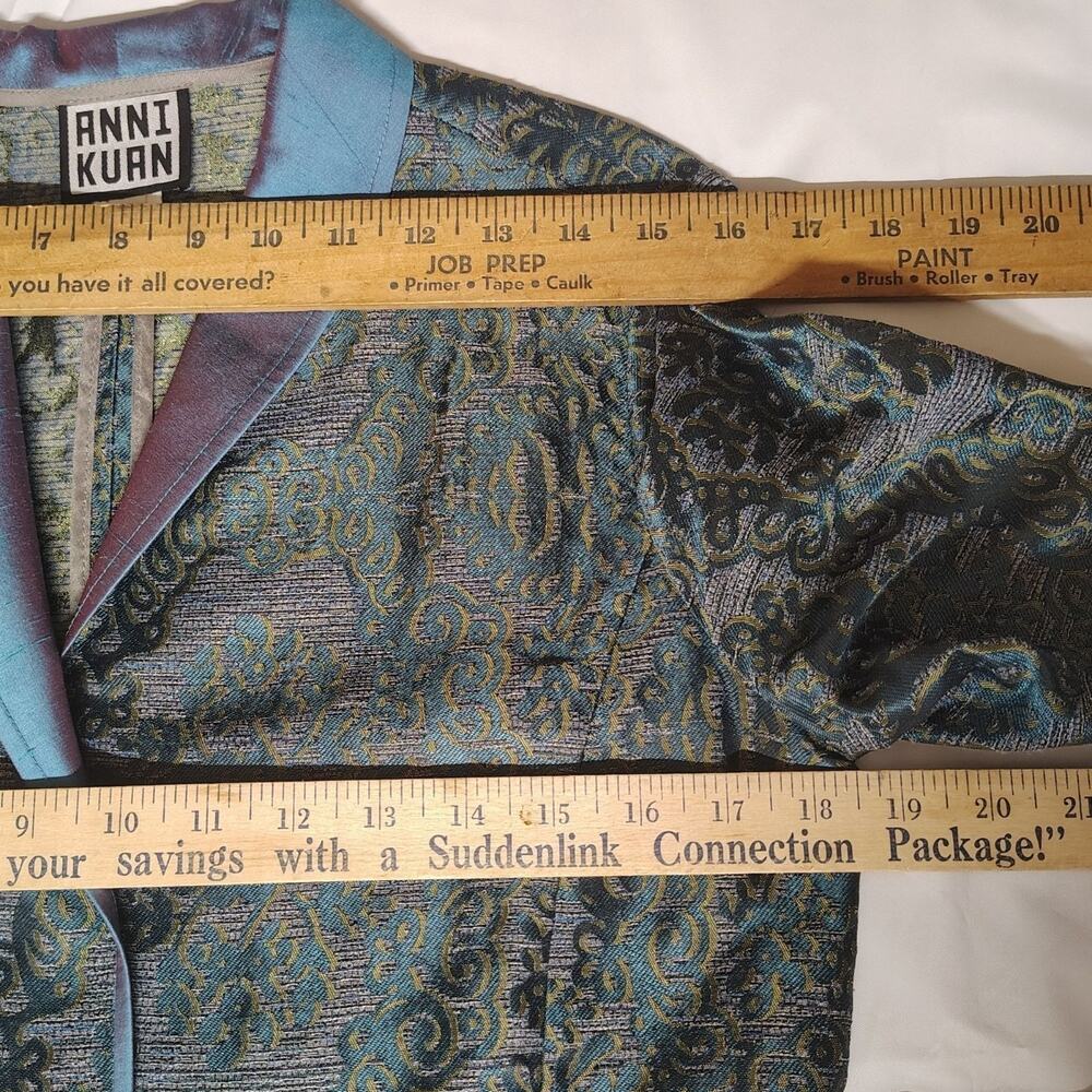 Anni Kuan Silk Metallic Peacock Brocade Jacket Pants Suit Set Vintage Small #612 - Picture 16 of 16